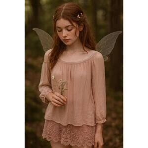 Giulia Womens M Silk Top Puff Sleeve Lace Trim Rose Pink Fairy Boho Italy Made